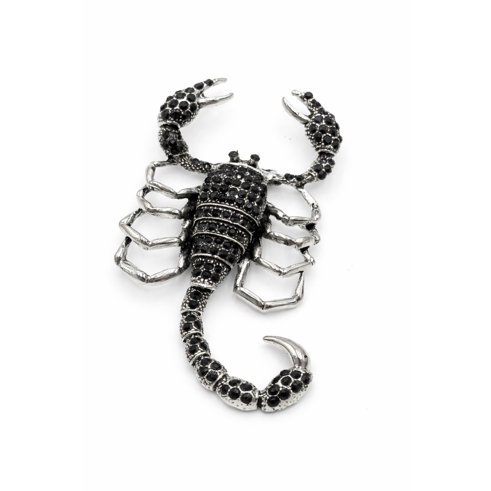 Vintage Black Rhinestone Scorpion Brooch Pin Articulated Tail Gothic